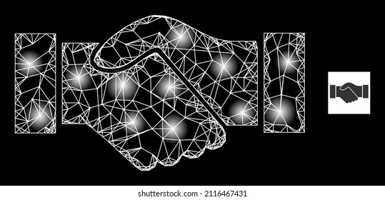Glare crossing mesh deal handshake icon with bright light spots. Illuminated model created using deal handshake vector icon and crossing lines. Illuminated carcass deal handshake,