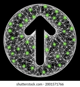 Glare crossing mesh up direction carcass with glowing spots. Constellation vector carcass created from up direction icon and intersected white lines. Sparkle frame mesh up direction,