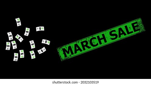 Glare crossing mesh dollar banknotes carcass with flash nodes, and green rectangle dirty March Sale seal print.