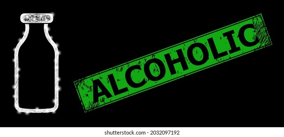 Glare crossing mesh empty bottle framework with bright dots, and green rectangle corroded Alcoholic seal print.