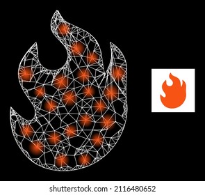 Icono de fuego de malla cruzada por vidrio con puntos iluminados. El modelo iluminado se realiza utilizando un icono de vector de fuego y líneas interseccionadas. Fuego brillante de marco, en un fondo negro.