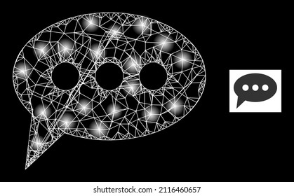 Glare crossing mesh forum message icon with illuminated spots. Illuminated constellation created from forum message vector icon and crossing lines. Illuminated carcass forum message,