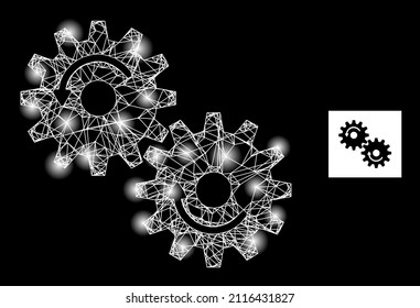 Glare crossing mesh gears rotation icon with glossy spots. Illuminated constellation generated from gears rotation vector icon and crossing lines. Constellation carcass gears rotation,
