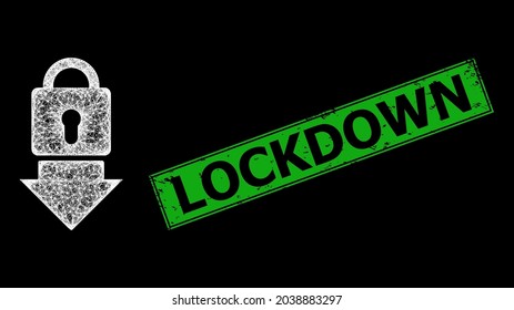 Glare crossing mesh lock down framework with bright dots, and green rectangle rubber Lockdown seal. Constellation vector mesh created from lock down symbol and crossed white lines.