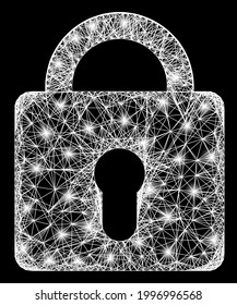 Glare crossing mesh lock framework with bright dots. Illuminated vector mesh created from lock symbol and intersected white lines. Sparkle constellation mesh lock, on a black backgound.