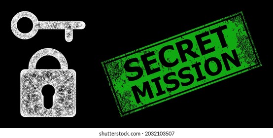 Glare crossing mesh lock key carcass with bright dots, and green rectangular textured Secret Mission seal print. Illuminated vector carcass created from lock key symbol and crossing white lines.