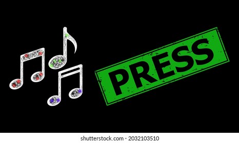 Gare Kreuzung Maschenmelodie Noten Rahmen mit leuchtenden Flecken, und grün rechteckige korrodierte Presse Wasserzeichen. Illuminierter Vektorrahmen, erstellt aus Melodien Noten Symbol und Kreuzung weißer Linien.
