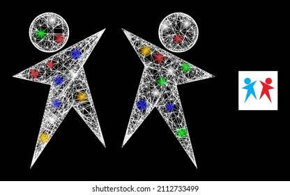 Glare crossing mesh partners with multi colored glowing spots. Illuminated vector frame created from partners pictogram. Sparkle carcass mesh partners, on a black backgound.
