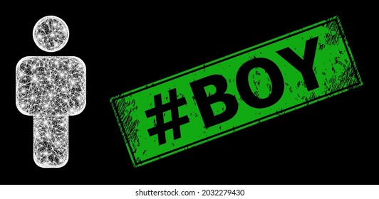Glare crossing mesh person wireframe with light spots, and green rectangular grunge Tag Boy stamp. Constellation vector frame created from person pictogram and crossing white lines.