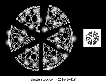 Glare crossing mesh pizza pieces icon with glowing spots. Illuminated constellation is created from pizza pieces vector icon and crossing lines. Illuminated carcass pizza pieces,