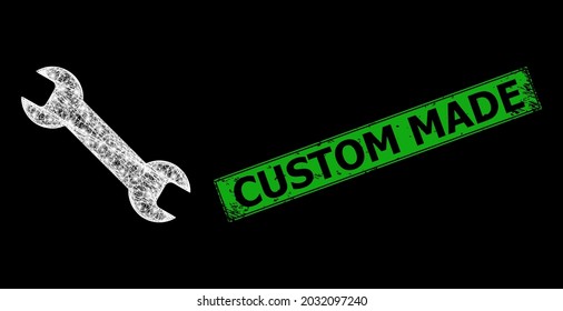 Glare crossing mesh spanner tool frame with light dots, and green rectangular corroded Custom Made seal imitation. Illuminated vector mesh created from spanner tool symbol and crossing white lines.