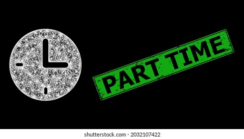 Marco de cables de tiempo de malla cruzada de vidrio con puntos de luz y sello de tiempo de pieza corroido en rectángulo verde. Marco vectorial iluminado creado a partir del pictograma de tiempo y líneas blancas cruzadas.