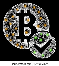 Glare crossing mesh valid bitcoin carcass with glowing spots. Illuminated vector carcass created from valid bitcoin icon and crossing white lines. Sparkle carcass mesh valid bitcoin,