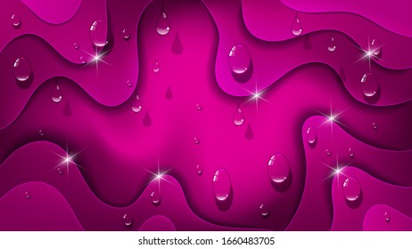 glare and drops of a transparent liquid against a background of overlapping pink abstract shapes with wavy edges. art wallpaper with 3D effect. vector


