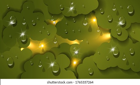 resplandor, gotas de líquido transparente sobre formas abstractas superpuestas de color caqui con bordes ondulados, desde las cuales brillan los destellos y los rayos de luz. fondo de pantalla abstracto. vector
