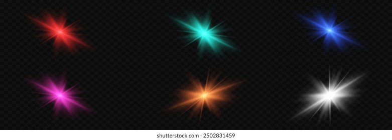 Glare effect. Set of six colorful glowing lights with shiny effects.On a transparent background. Vector illustration