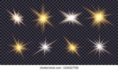 Glare flare lights. Golden lens effects on transparent background.  Bright spark star or glitter sparks of sun or camera. Shining sunlight ray. Magic burst beam isolated. vector 