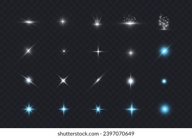 Glare glowing particles light rays set on transparent background. Vector shiny stars isolated, light effects.
