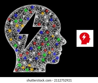 Glare hatched mesh brainstorm with colored lightspots. Illuminated vector model created from brainstorm symbol. Sparkle carcass mesh brainstorm, on a black backgound.