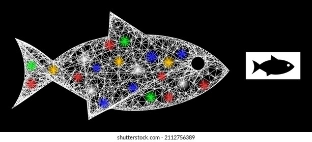 Glare hatched mesh fish with multi colored glowing spots. Illuminated vector frame created from fish symbol. Sparkle frame mesh fish, on a black backgound.