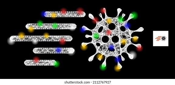 Virus de ráfaga de malla con rayas de vidrio con puntos brillantes multicolores. Malla vectorial iluminada creada a partir del pictograma del virus de ráfaga. Esparcen el virus de la malla de la canal sobre un fondo negro.