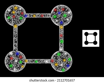 Centros de rejilla cuadrada de malla con rayado de vidrio con puntos de luz vibrantes. Malla vectorial iluminada creada a partir del pictograma de centros de rejilla cuadrada. centros de malla cuadrada de malla de la conformación de espuma,