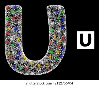Glare hatched mesh Upsilon Greek lowercase symbol with multicolored glowing spots. Illuminated vector model created from Upsilon Greek lowercase symbol.