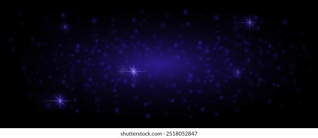 Blendung des Lichteffekts. Sternblauer Staub, funkelt. Leuchtende Sterne, Lichter, Funkeln, Blitze. Auf transparentem Hintergrund. Neonlicht. Nachtstern
