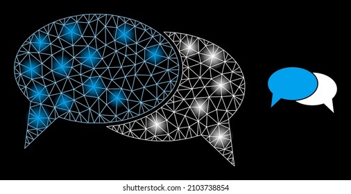Glare mesh chat messages web icon with illuminated light spots. Illuminated constellation done from chat messages vector icon. Illuminated frame web polygonal chat messages, on a black background.