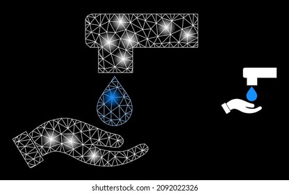 Glare mesh hand washing web icon with majestic light spots. Illuminated constellation is generated using hand washing vector icon. Illuminated frame web polygonal hand washing, on a black background.