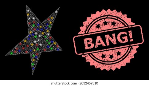 Estrella asimétrica de red de malla de vidrio con nodos de flash y sello de goma de rosetón Bang Atención. Modelo vectorial iluminado creado a partir del icono de estrella asimétrica. Sello de sello rosado tiene texto Bang Atención