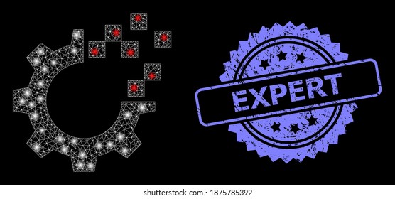 Reparación automática de los engranajes de la red de malla de vidrio con manchas brillantes y precinto del sello de rosette sucio experto. Constelación vectorial iluminada creada a partir del icono de reparación de engranajes automáticos.