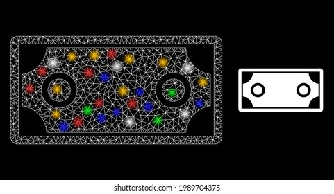 Glare mesh net banknote template with colorful lightspots. Constellation vector carcass created from banknote template symbol. Sparkle frame mesh banknote template, on a black backgound.