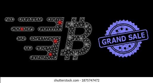 Glare mesh net bitcoin with glowing spots, and Grand Sale corroded rosette stamp seal. Illuminated vector constellation created from bitcoin icon. Blue seal includes Grand Sale tag inside rosette.