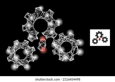 Glare mesh net broken gear mechanism icon with illuminated spots. Illuminated model created from broken gear mechanism vector icon and crossing lines. Illuminated frame broken gear mechanism,
