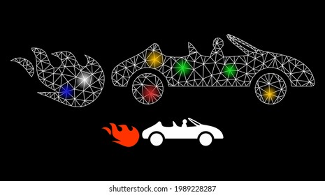 Glare mesh net cabriolet rush with colorful light dots. Constellation vector frame created from cabriolet rush pictogram. Sparkle constellation polygonal cabriolet rush, on a black backgound.