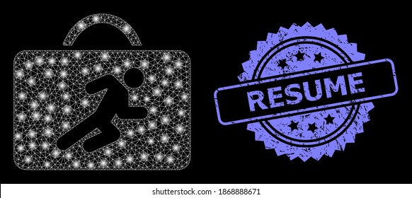 Glare mesh net career case with light spots, and Resume dirty rosette seal. Illuminated vector model created from career case icon. Blue seal has Resume title inside rosette.