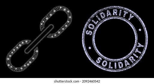 Glare Maschenkette Symbol mit glänzendem Effekt auf schwarzem Hintergrund und rund um Solidarity schmutziges Abzeichen. Der Vektorrahmen basiert auf einem Kettenpiktogramm, das Netz wird mit weißem, gefärbtem Netz verwendet.