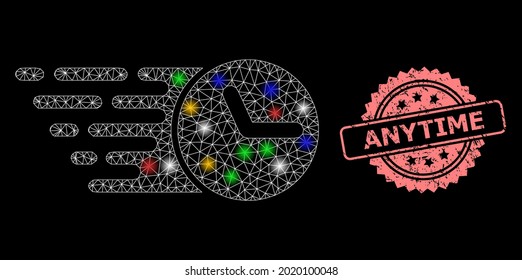 Glare mesh net clock with flash nodes, and Anytime textured rosette stamp seal. Illuminated vector mesh created from clock pictogram. Pink stamp seal has Anytime title inside rosette.
