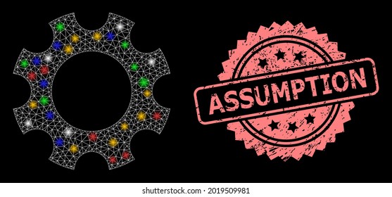 Glare mesh net cogwheel with light spots, and Assumption unclean rosette stamp. Illuminated vector mesh created from cogwheel symbol. Pink stamp seal includes Assumption title inside rosette.