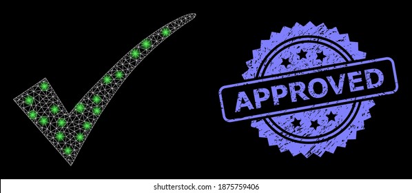 Glare mesh net confirm tick with lightspots, and Approved dirty rosette stamp seal. Illuminated vector constellation created from confirm tick icon.