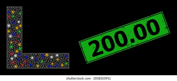 Glare mesh net corner with multi colored light spots, and grunge 200.00 seal. Green stamp seal contains 200.00 text inside framed rectangle. Constellation vector carcass created from corner symbol.