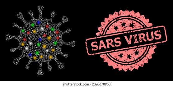 Glare mesh net coronavirus with light dots, and Sars Virus textured rosette seal. Illuminated vector constellation created from coronavirus icon. Pink stamp seal has Sars Virus tag inside rosette.