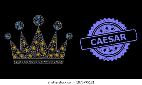 Glare mesh net crown with light spots, and Caesar textured rosette stamp seal. Illuminated vector model created from crown icon. Blue stamp seal has Caesar caption inside rosette.