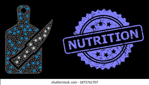 Glare mesh net cutting board and knife with light spots, and Nutrition dirty rosette stamp seal. Illuminated vector constellation created from cutting board and knife icon.