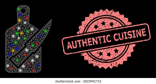 Glare mesh net cutting board and knife with lightspots, and Authentic Cuisine rubber rosette stamp seal. Illuminated vector mesh created from cutting board and knife pictogram.