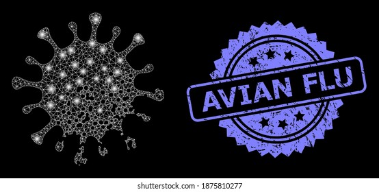 Glasmaschennetz beschädigte Mikrobe mit leuchtenden Flecken und Avian Flu unlean Rosette Siegel Druck. Illuminiertes Vektormodell, das aus einem beschädigten Mikrobensymbol erstellt wurde. Das blaue Siegel enthält Vogelgrippe-Text in Rosette.