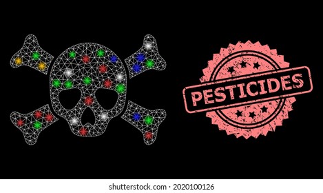 Glare mesh net death skull with light dots, and Pesticides dirty rosette stamp seal. Illuminated vector constellation created from death skull symbol.