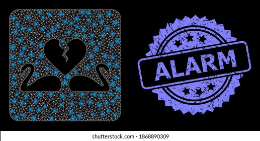 Glare mesh net divorce swans with light spots, and Alarm textured rosette stamp seal. Illuminated vector constellation created from divorce swans icon.