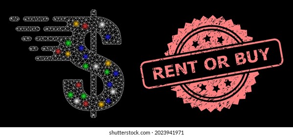 Glare Maschennetz-Dollar mit Leuchtpunkten und Rent-oder Kaufen korrodierte Rosette-Stempel. Illuminierte Vektorgitter, die aus dem Dollar-Symbol erstellt wurden. Rosa Stempel hat Rent oder Kaufen Tag in Rosette.